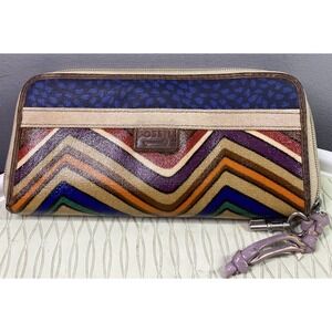 Fossil Key-Per Zip-Around Coated Canvas Multicolor Zig Zag Wallet/Clutch 4x7.5x1